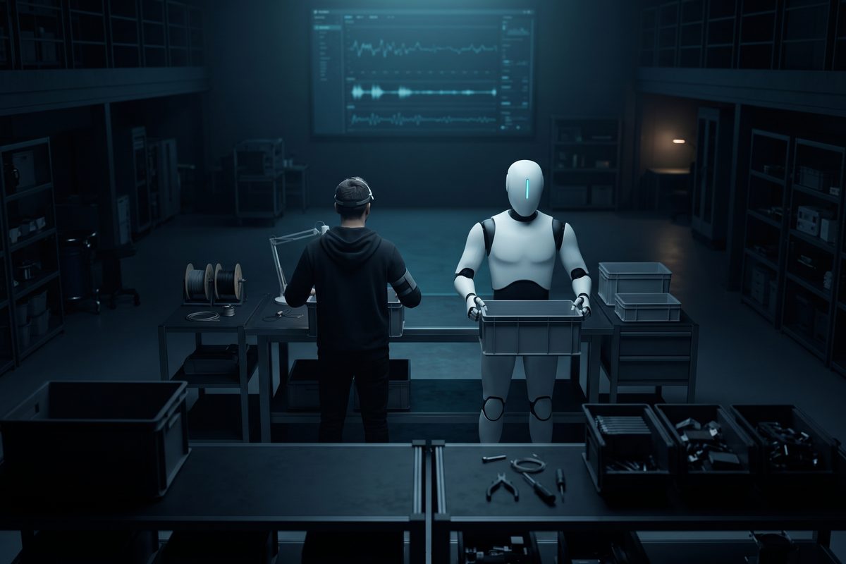 生体センサを着けた人と並んで、同じ動作をするヒューマノイドロボット